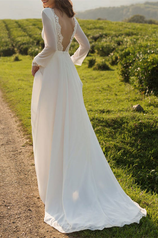 Tulle Bateau Long Sleeves Boho Wedding Dress A-Line Open Back