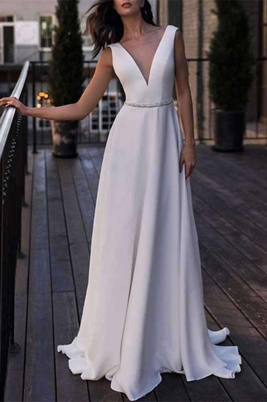 Long V-Neck Wedding Dress Backless