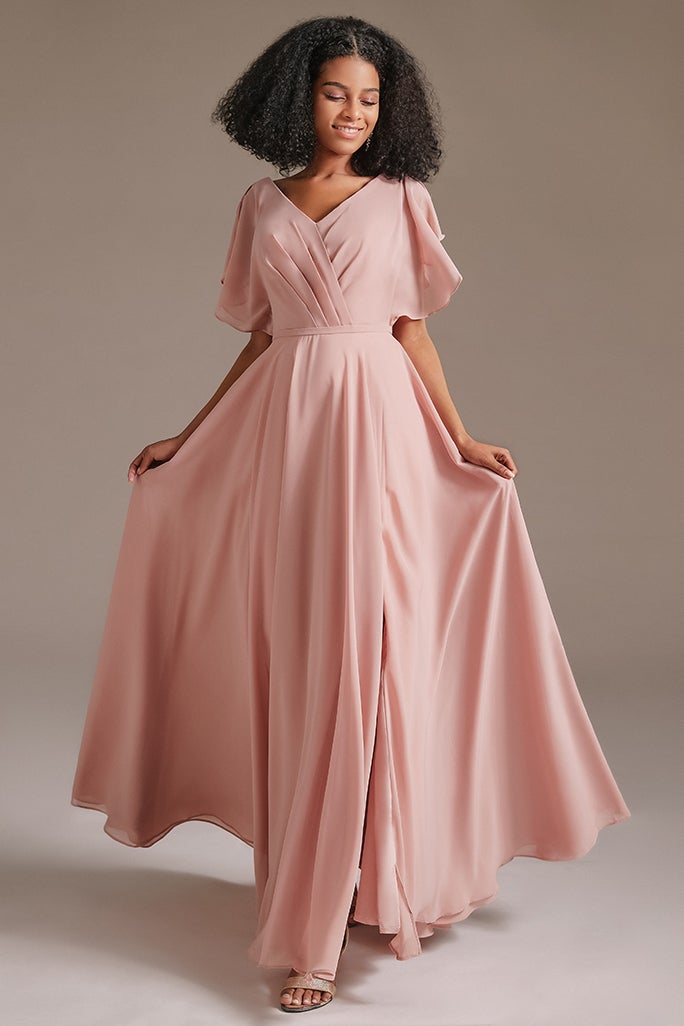 Pink Chiffon Ruffles Sleeves Bridesmaid Dress