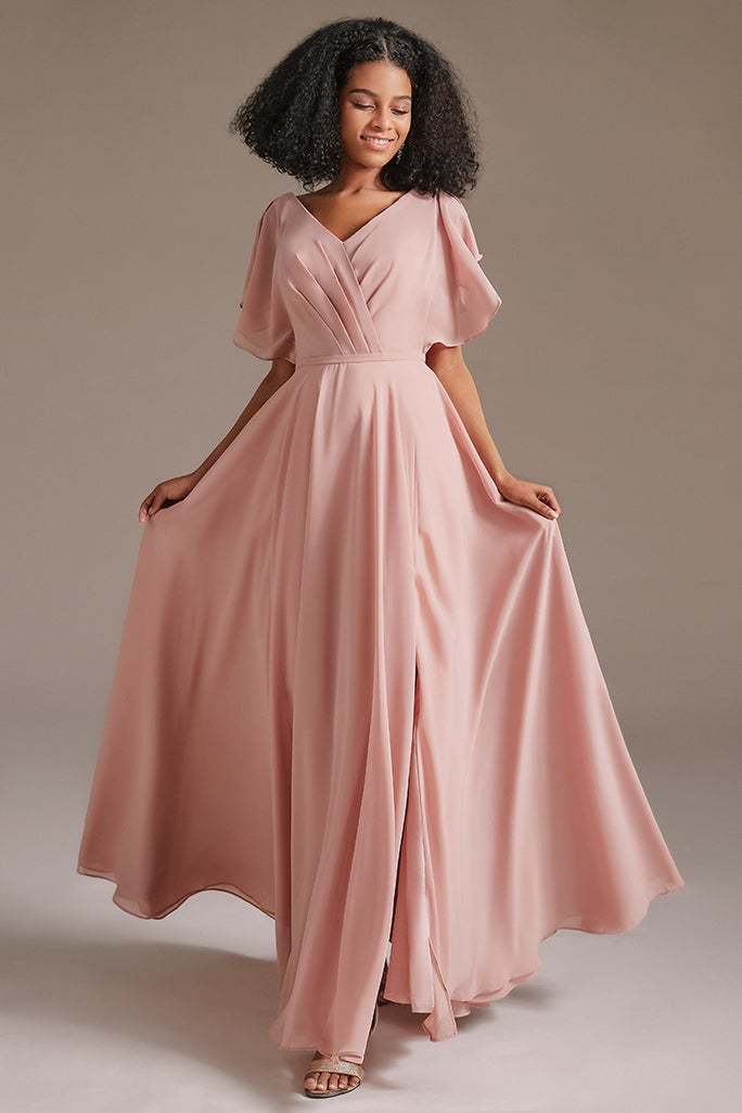Pink Chiffon Ruffles Sleeves Bridesmaid Dress