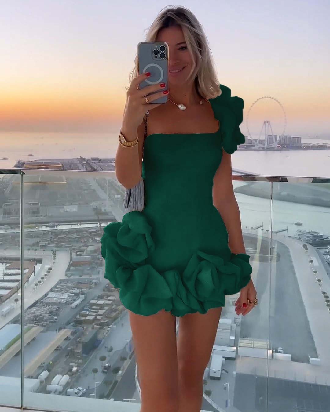 Ivory One-Shoulder Bloom Short Mini cocktail Dress