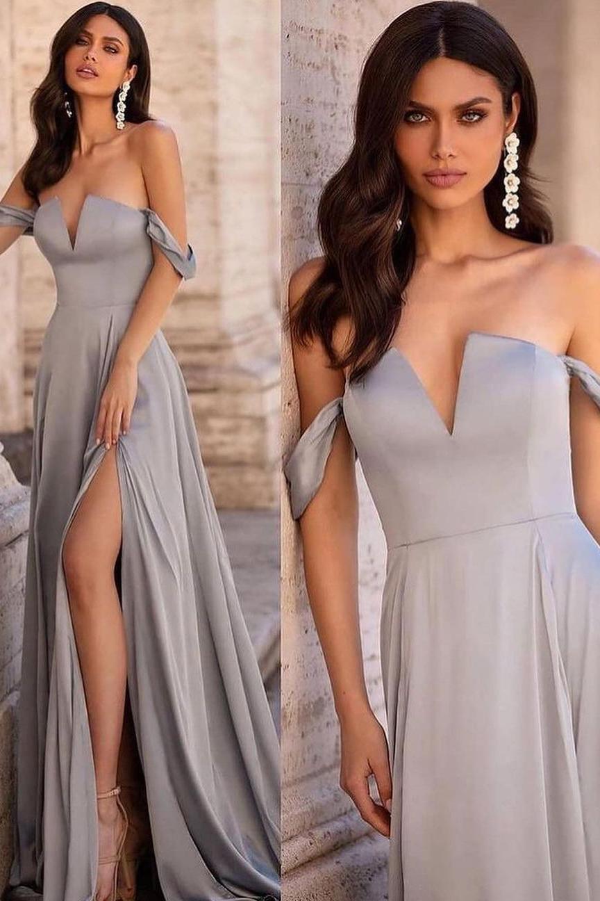 Simple Satin Off-The-Shoulder Strapless V-Neck Long Prom Dress With Split