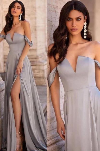 Simple Satin Off-The-Shoulder Strapless V-Neck Long Prom Dress With Split