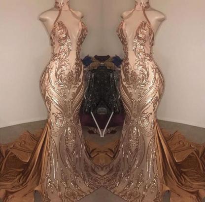Elegant Deep V Neck Sequins Sleeveless Halter Mermaid Formal Dress With Appliques