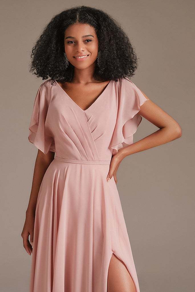 Pink Chiffon Ruffles Sleeves Bridesmaid Dress