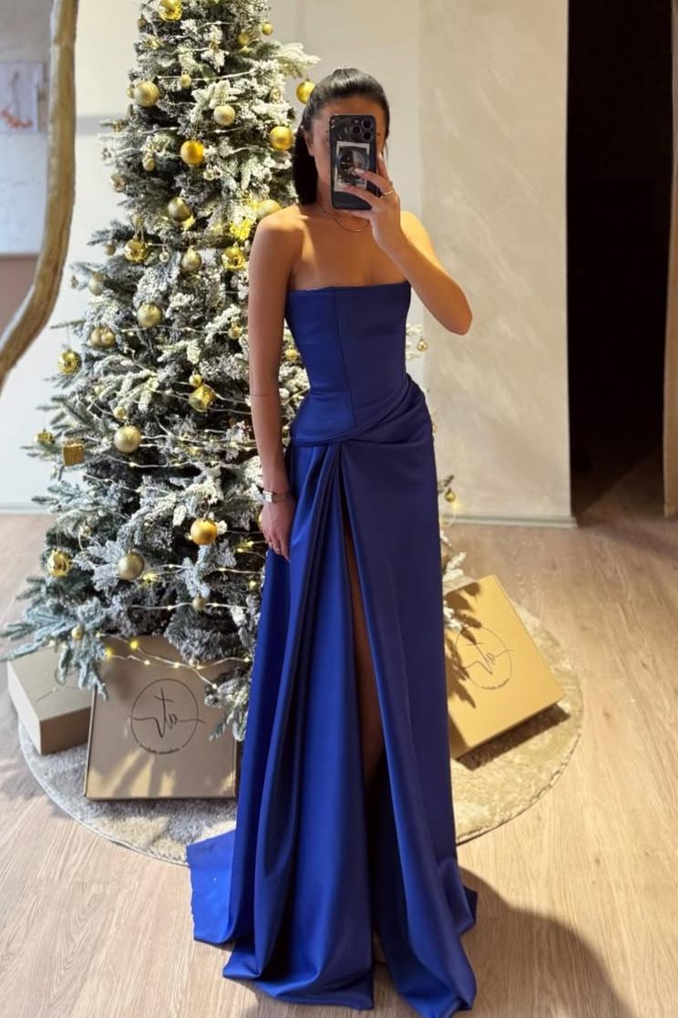 Strapless Sleeveless High Split Long Formal Dress With Pleated