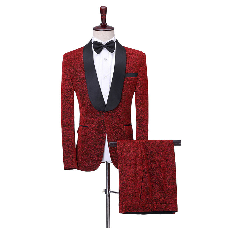 Shiny Red Shawl Lapel Slim Fit One-Button Men's Suits