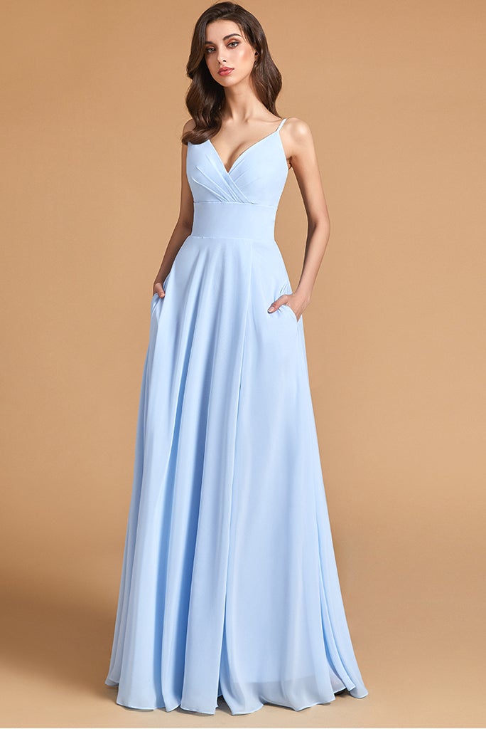 V-Neck Spaghetti-Straps Split Bridesmaid Dress with Pockets