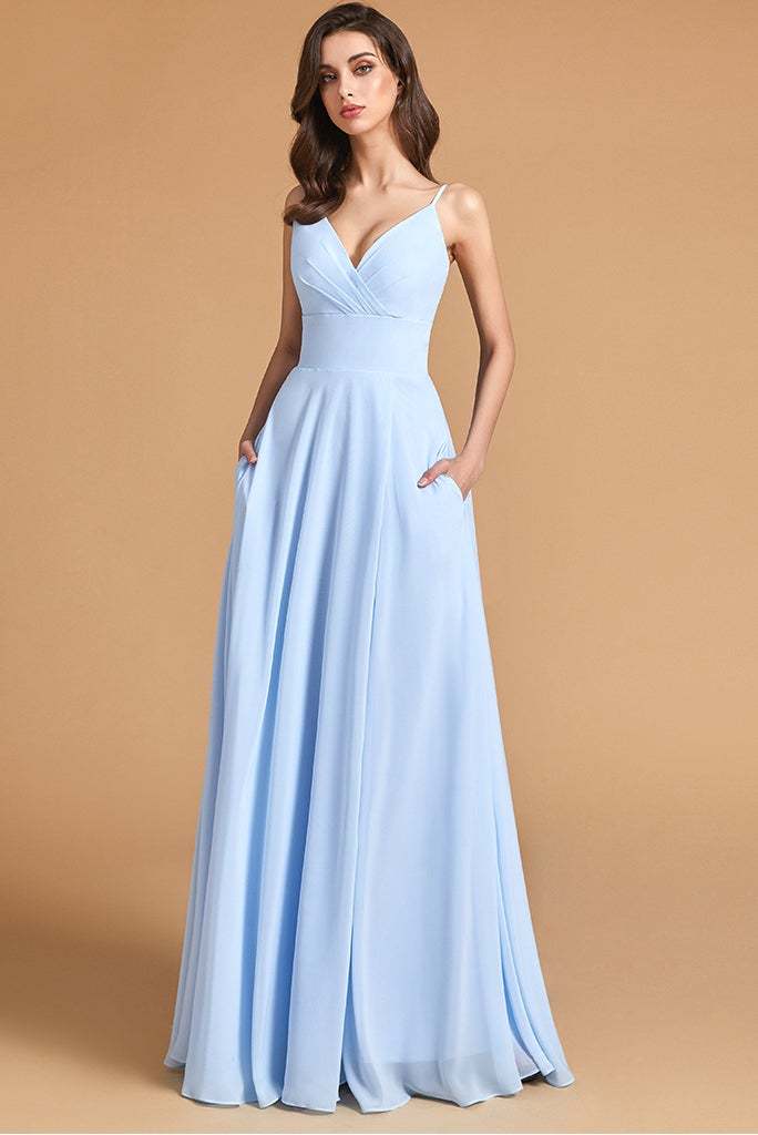 V-Neck Spaghetti-Straps Split Bridesmaid Dress with Pockets