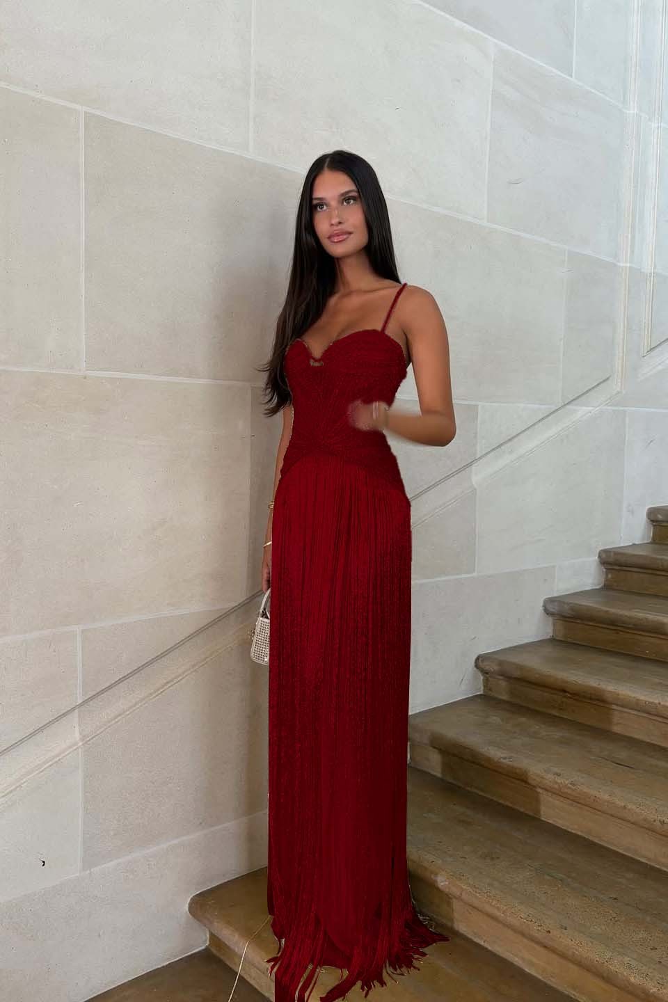 Spaghetti straps Sleeveless Long Formal Dress With Beading Tassel