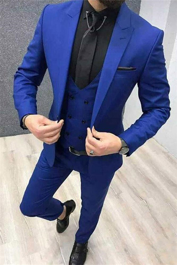 Fashion Royal Blue Slim Fit Peak Lapel Wedding Tux Ideas with Three Pieces