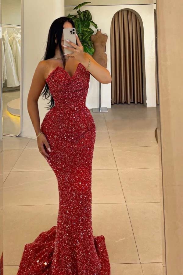 Red Beaded Sequins Mermaid Evening Dress