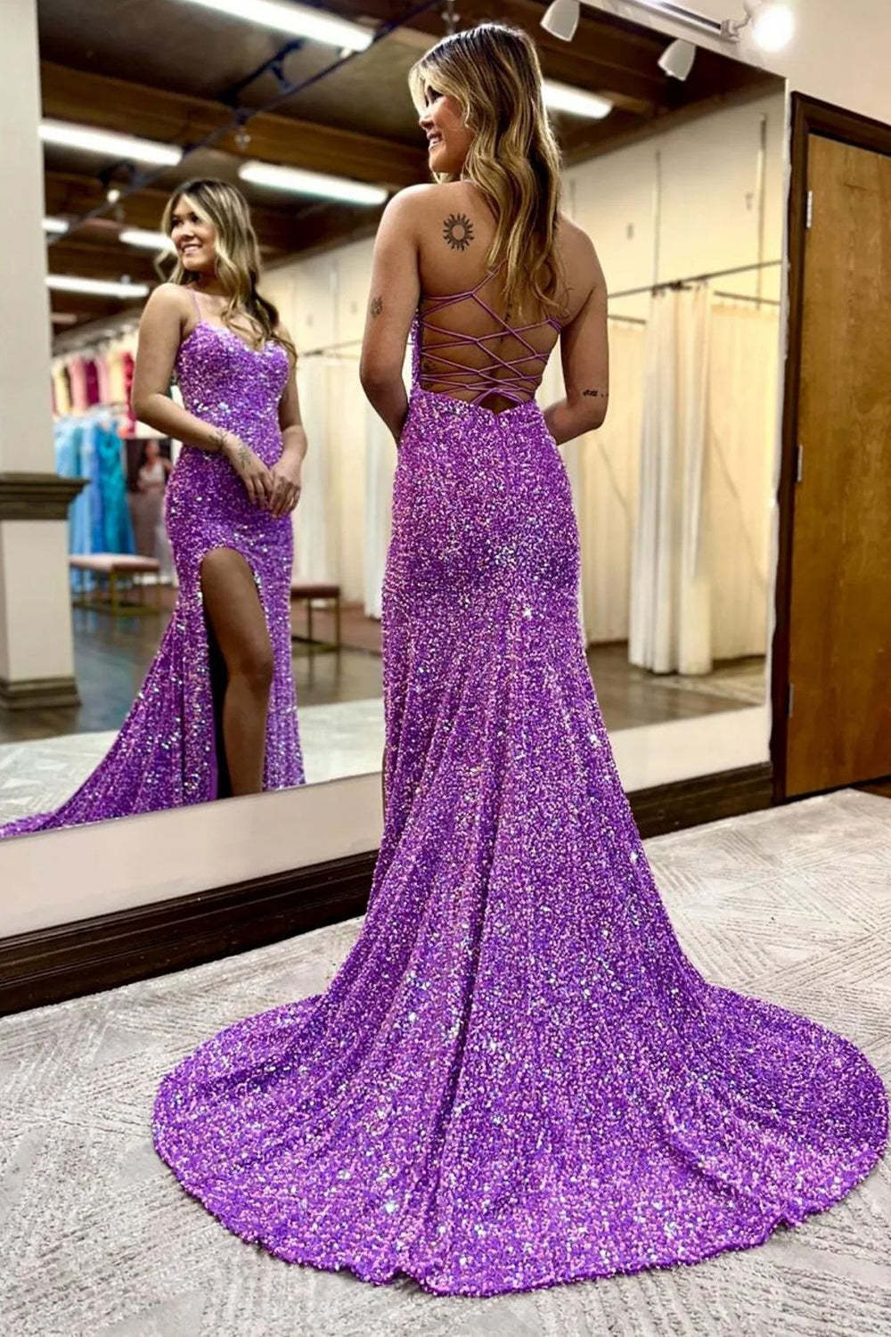 Long Purple Sequined Prom Dress with Mermaid Halter and Criss Cross Back