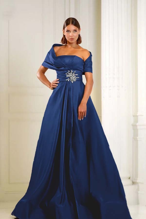Off the Shoulder Sleeveless Long Formal Dress With Pleated Beading