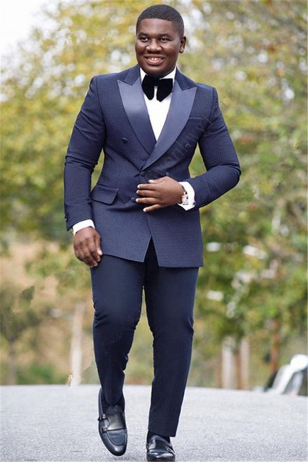 Stylish Silk Navy Blue Lapel Reception Suit Double Slim Fit with Breasted Peaked