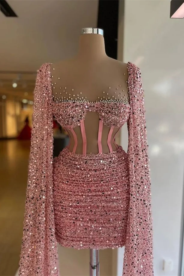 Sequins Beaded Slim Fit Long Sleeves Short Mini cocktail Dress