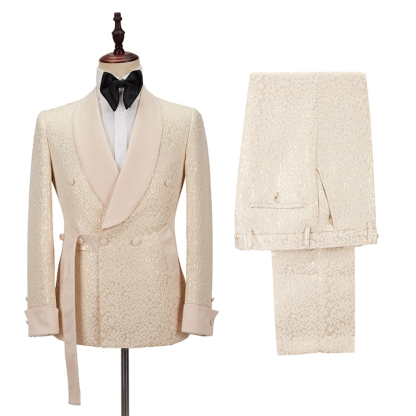 Stylish Champagne Shawl-Lapel Slim Jacquard Wedding Tuxedo for Men