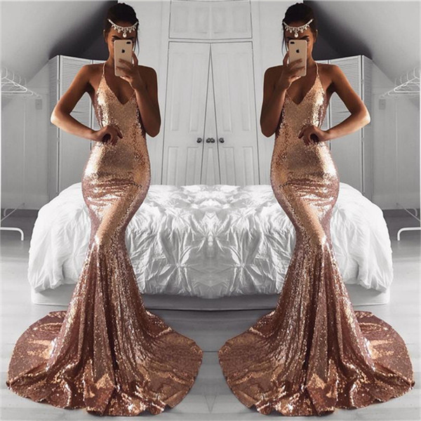 Sleeveless V-Neck Sequins Evening Dress