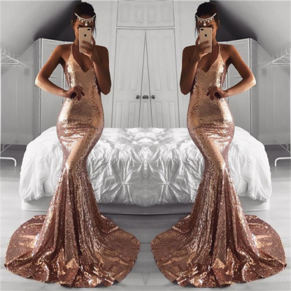 Sleeveless V-Neck Sequins Evening Dress
