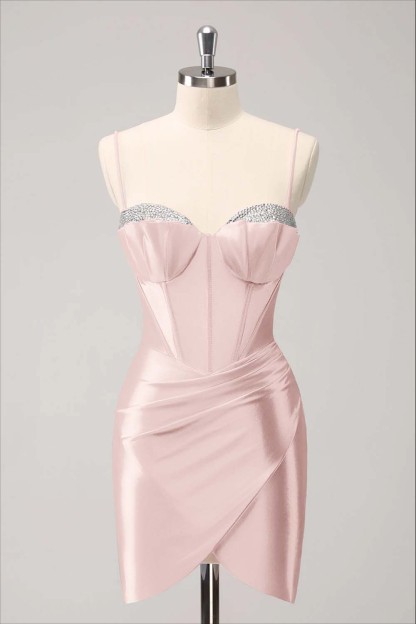 Blushing Pink Spaghetti-Straps Cross Skirt Beaded Lovely Short Mini cocktail Dress
