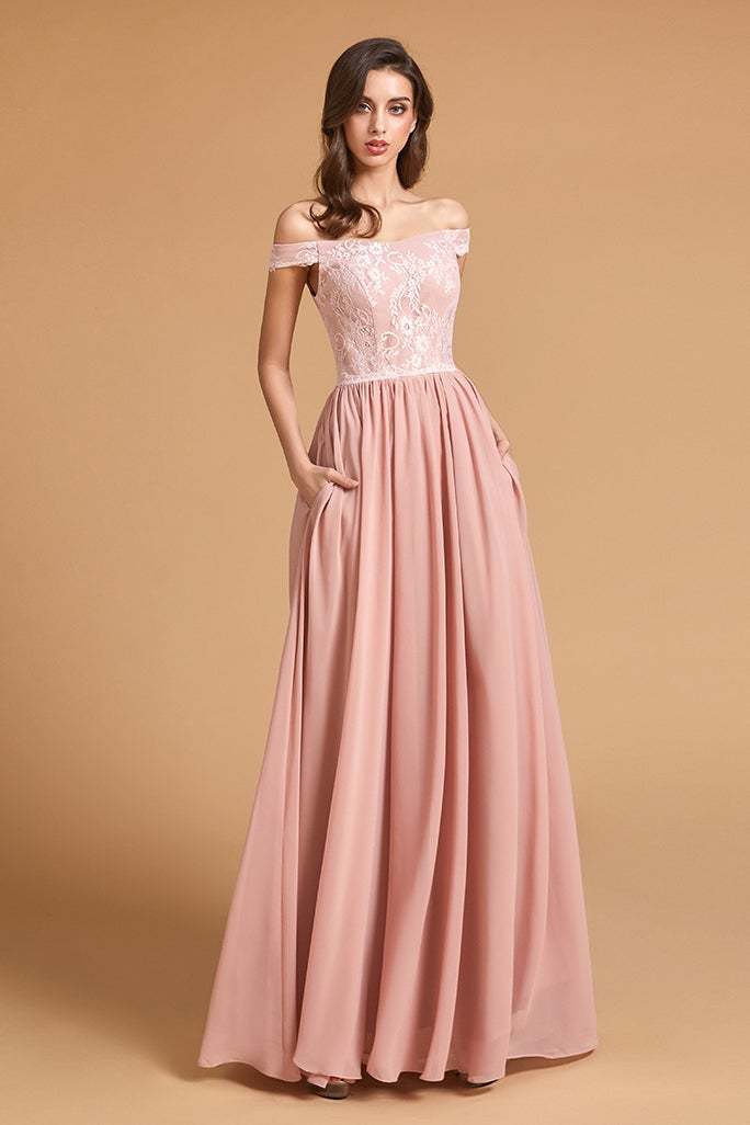Dusty Rose Off-the-Shoulder Lace Bridesmaid Dress with Pockets