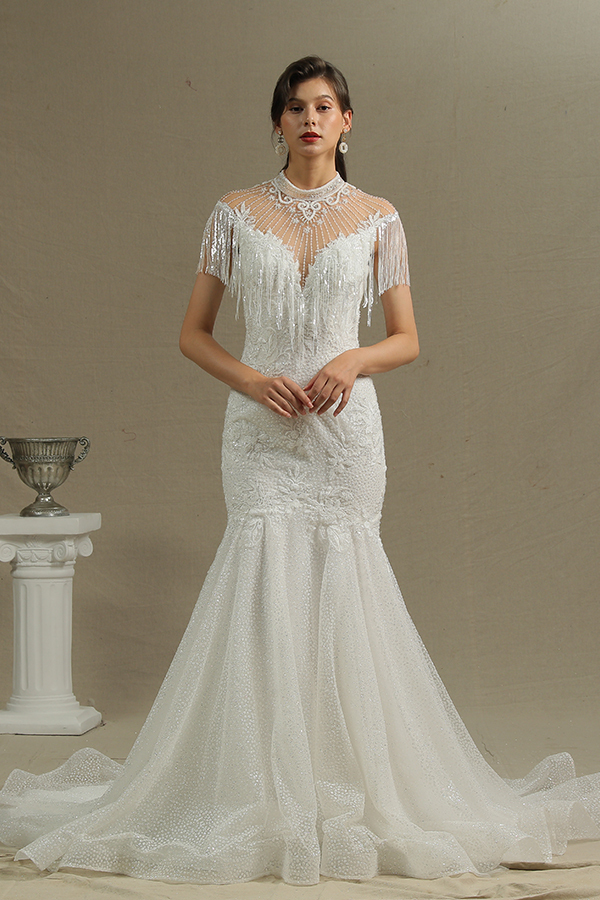 Shimmy High Neck Mermaid Wedding Dress with Beadings Tassel