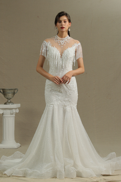 Shimmy High Neck Mermaid Wedding Dress with Beadings Tassel
