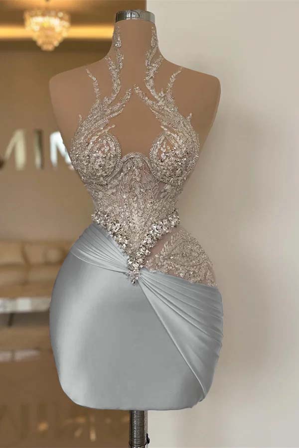 White High-Grade Exquisite Beaded Pleated Tights Short Mini cocktail Dress
