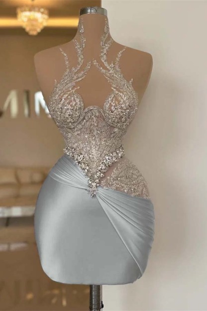 White High-Grade Exquisite Beaded Pleated Tights Short Mini cocktail Dress