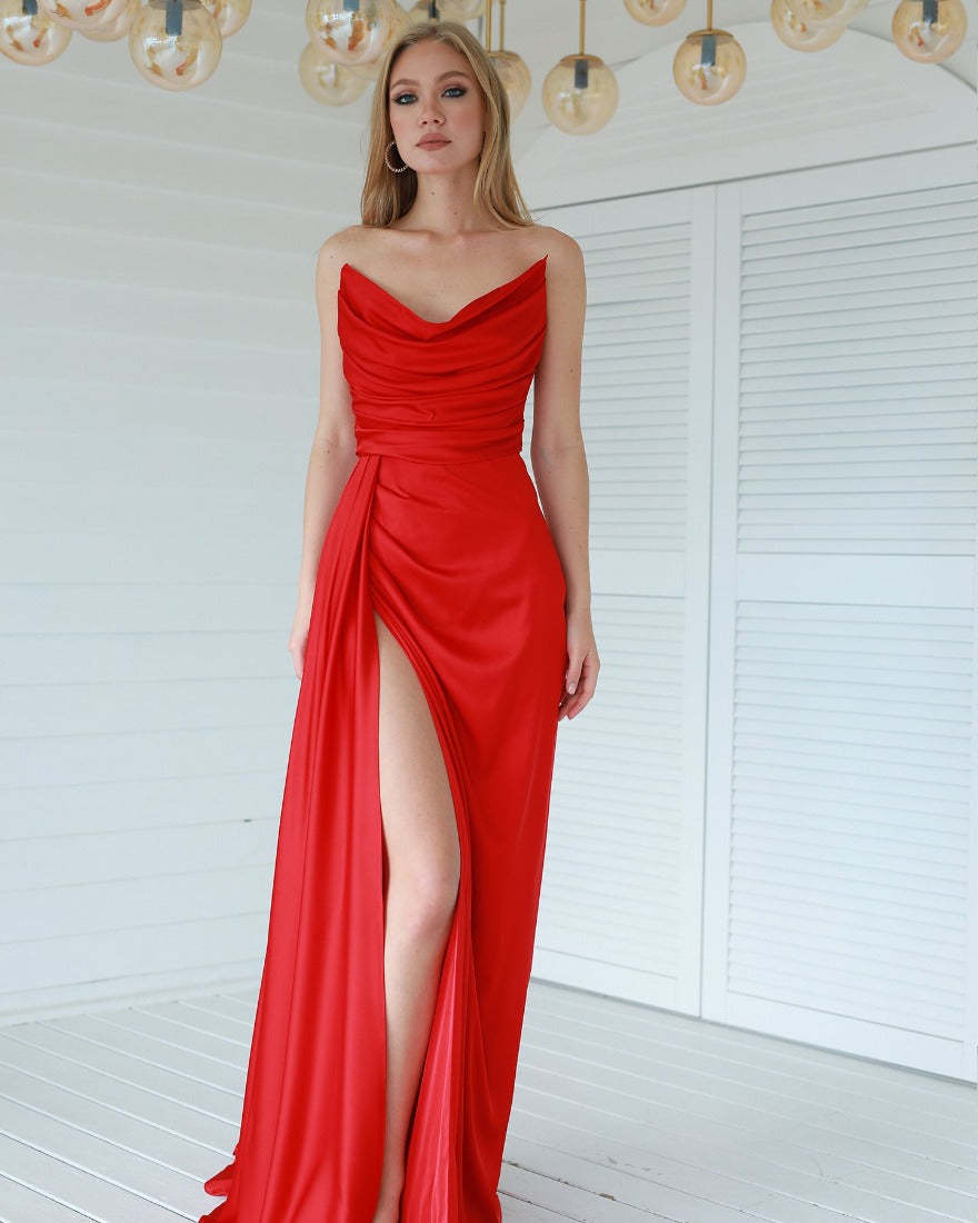 Fashionable Satin Maxi Strapless Wedding Guest or Prom Dress