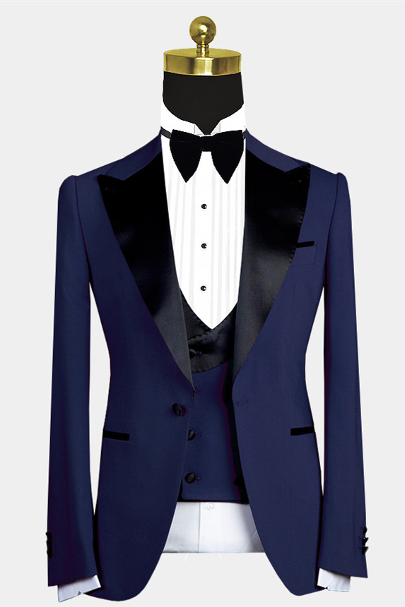 Cool Dark Navy Men's Suit for Wedding with Peaked Lapel
