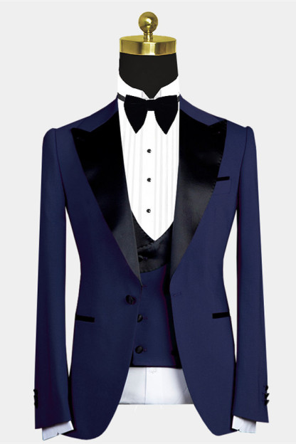 Cool Dark Navy Men's Suit for Wedding with Peaked Lapel
