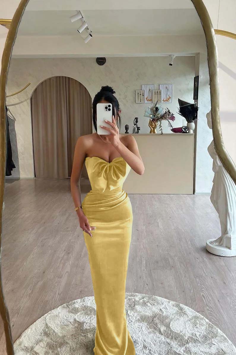 Strapless Sleeveless Long Mermaid Formal Dress With Bowknot Pleated