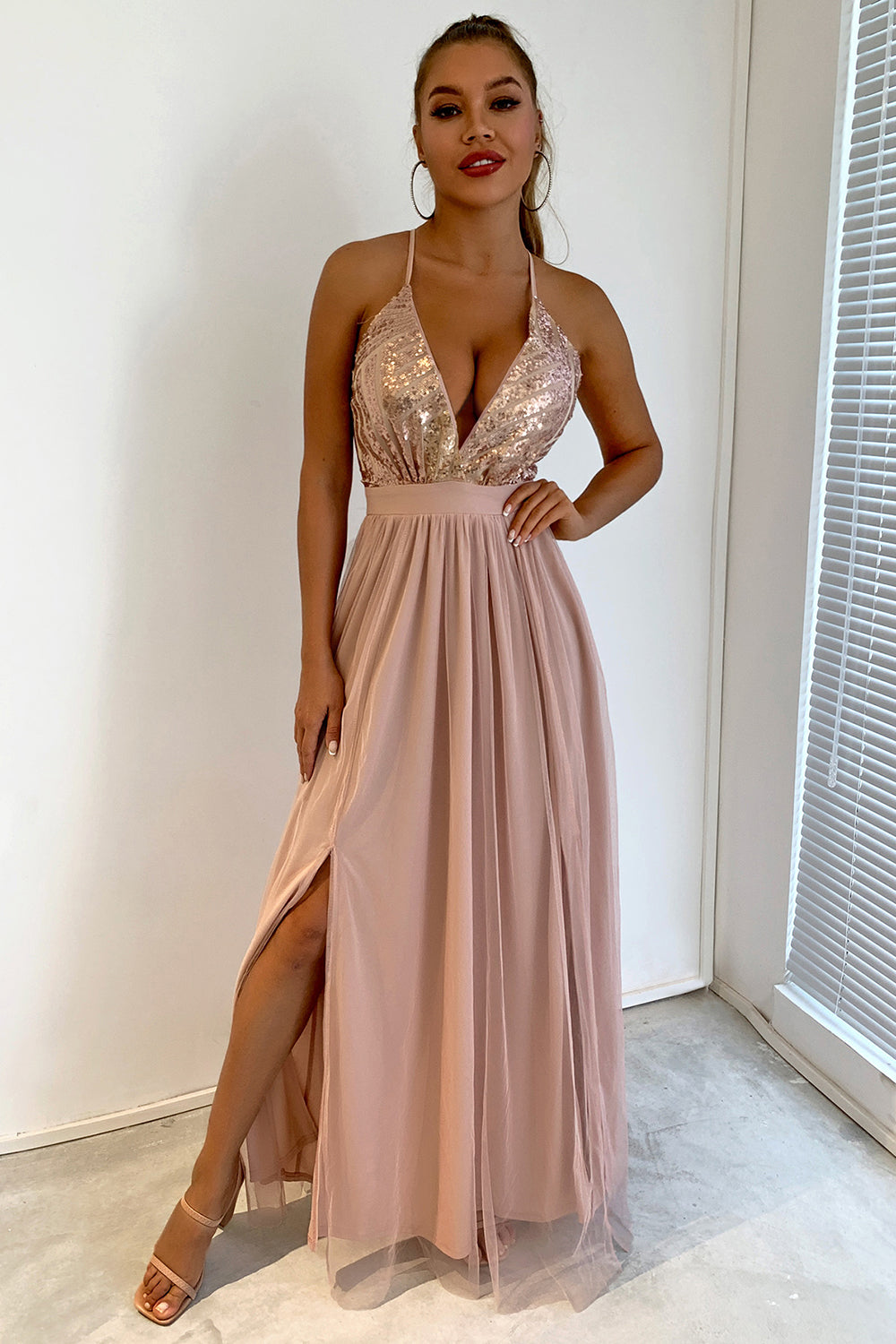 Sequin Party Dress with Green V-neck