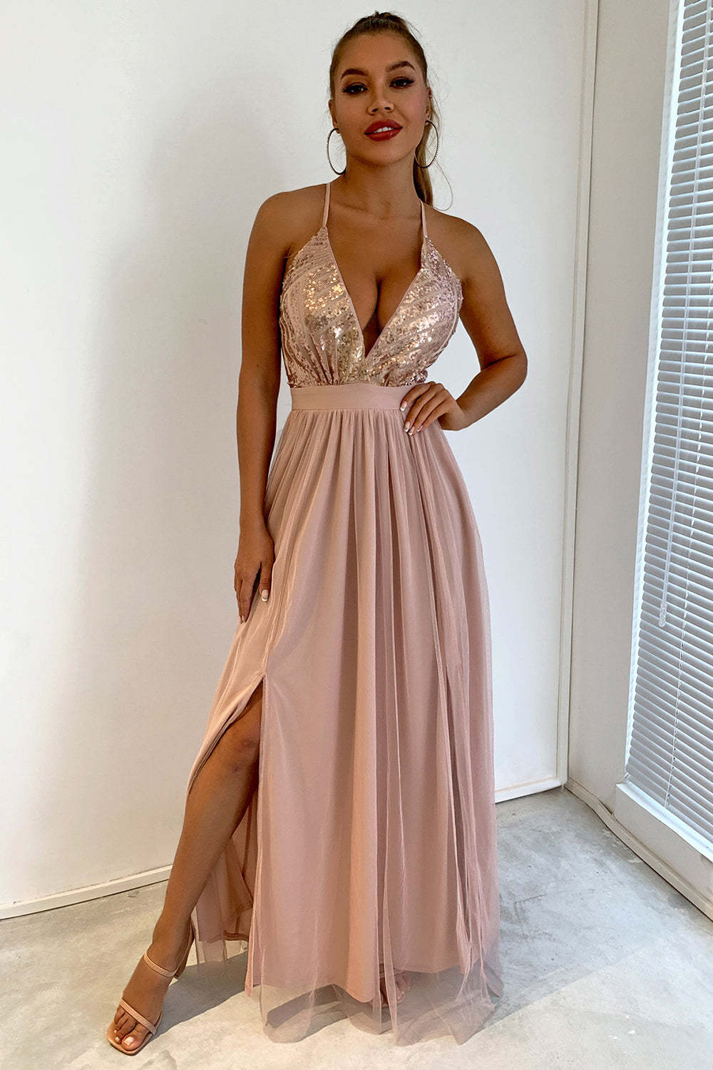 Sequin Party Dress with Green V-neck