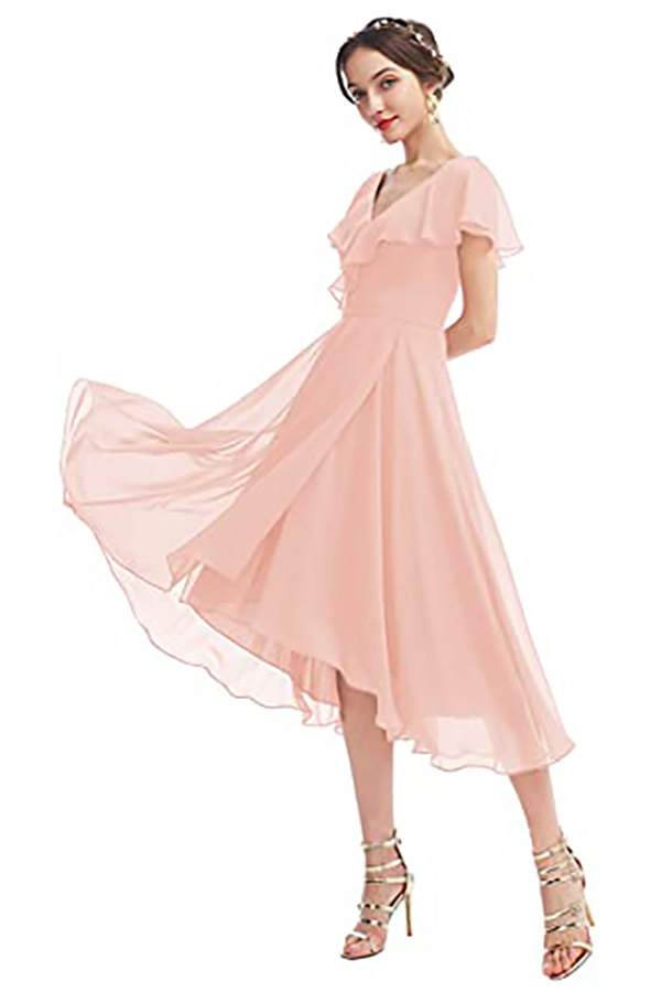 V-Neck Short Sleeve Ruffles Bridesmaid Dress