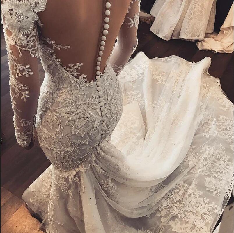 Attractive Mermaid Long Sleeve Sweetheart Floor-Length Wedding Dress Tulle Ruffles with Appliques Lace