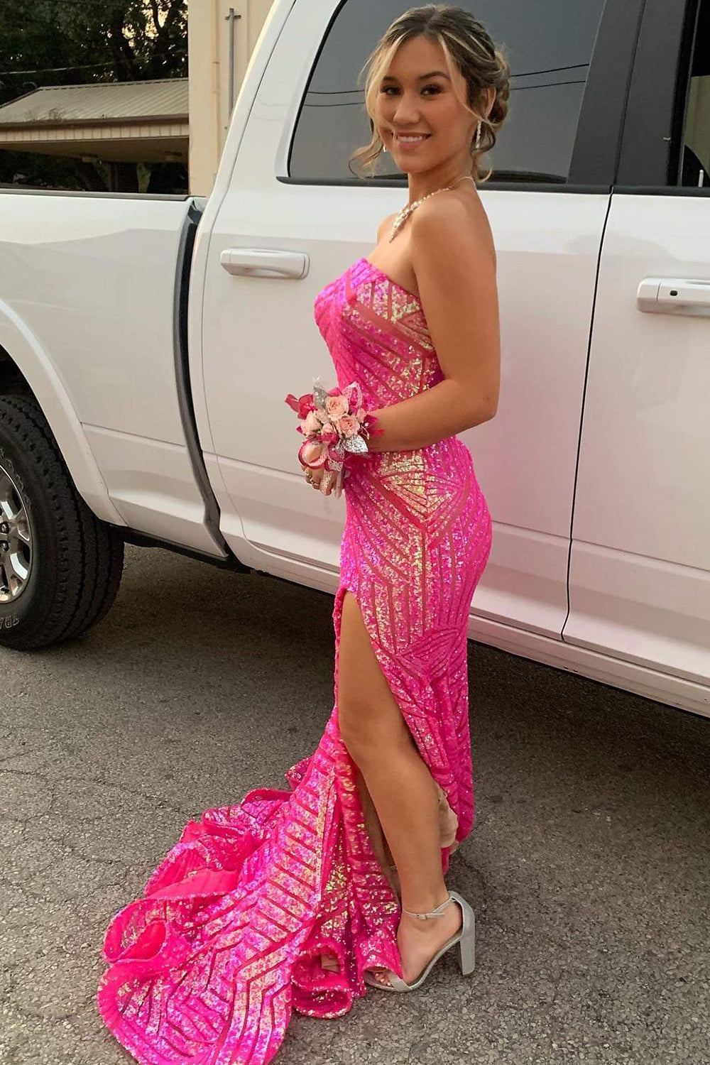 Long Strapless Prom Dress with Sky Blue Sequins