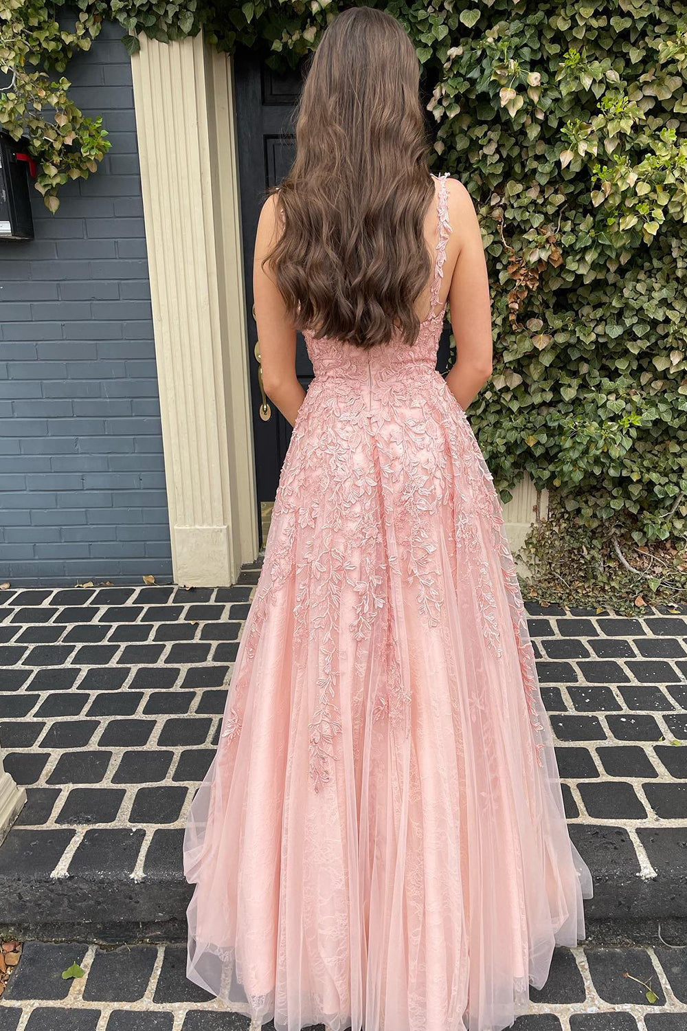 Long Light Pink Prom Dress with Spaghetti Straps and Appliques in A-Line Style