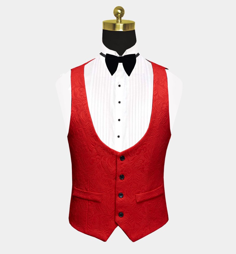 Red Floral Tuxedo Three-Piece Prince Suit for Groom with Black Lapel
