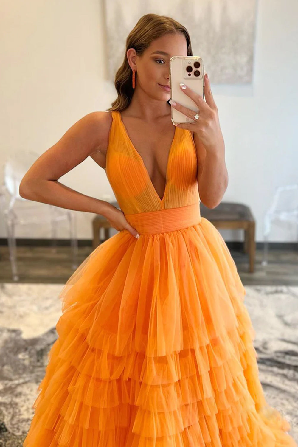 Long V-Neck Prom Dress in Orange Tulle