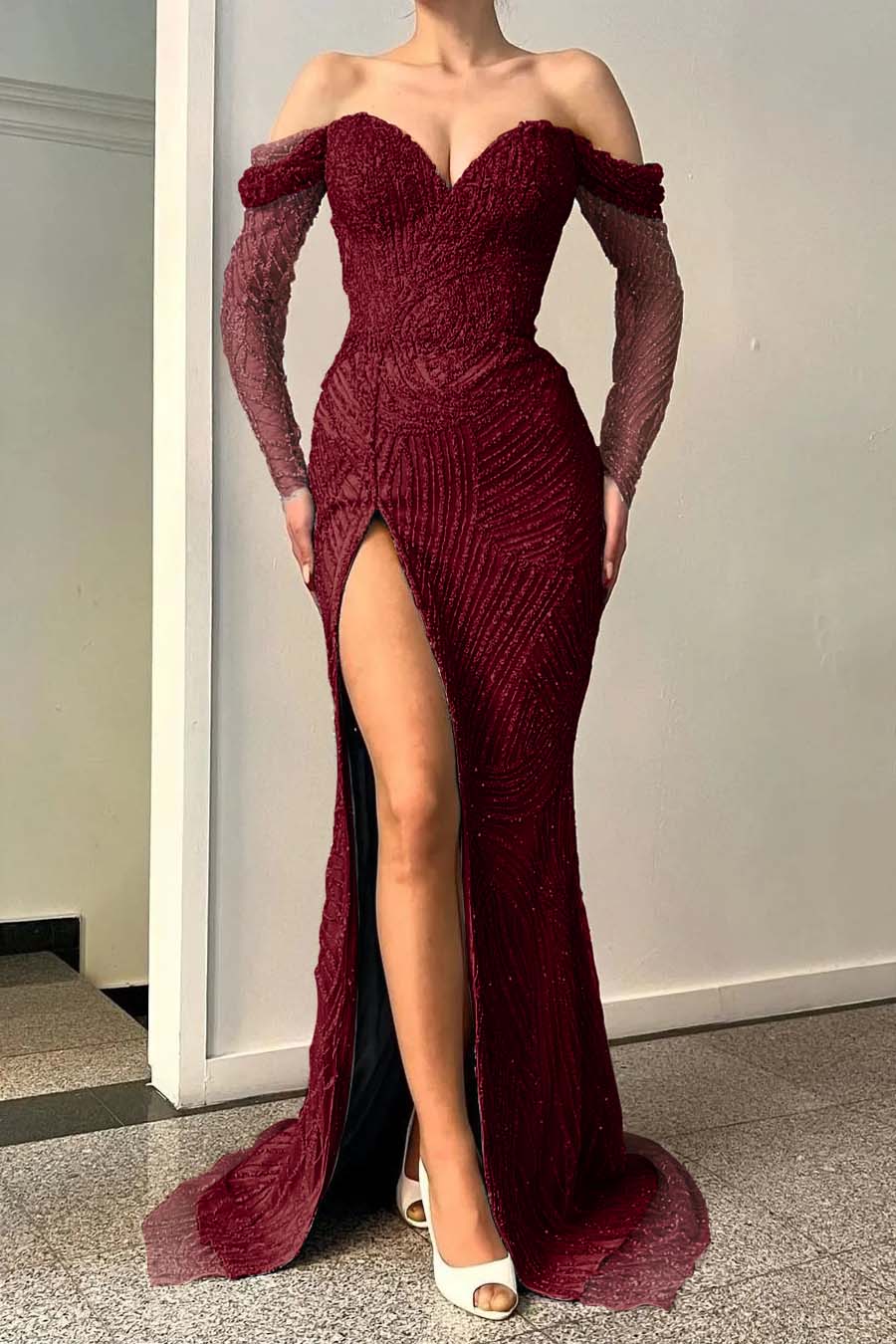 Blue Long Sleeves Off-The-Shoulder Sequins Evening Dress Sweetheart With Split Mermaid