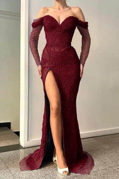 Blue Long Sleeves Off-The-Shoulder Sequins Evening Dress Sweetheart With Split Mermaid