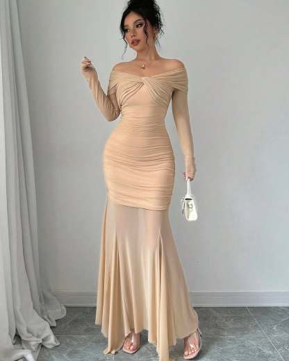 Glamorous Off-The-Shoulder Long Sleeves Mermaid Formal Dress With Pleated