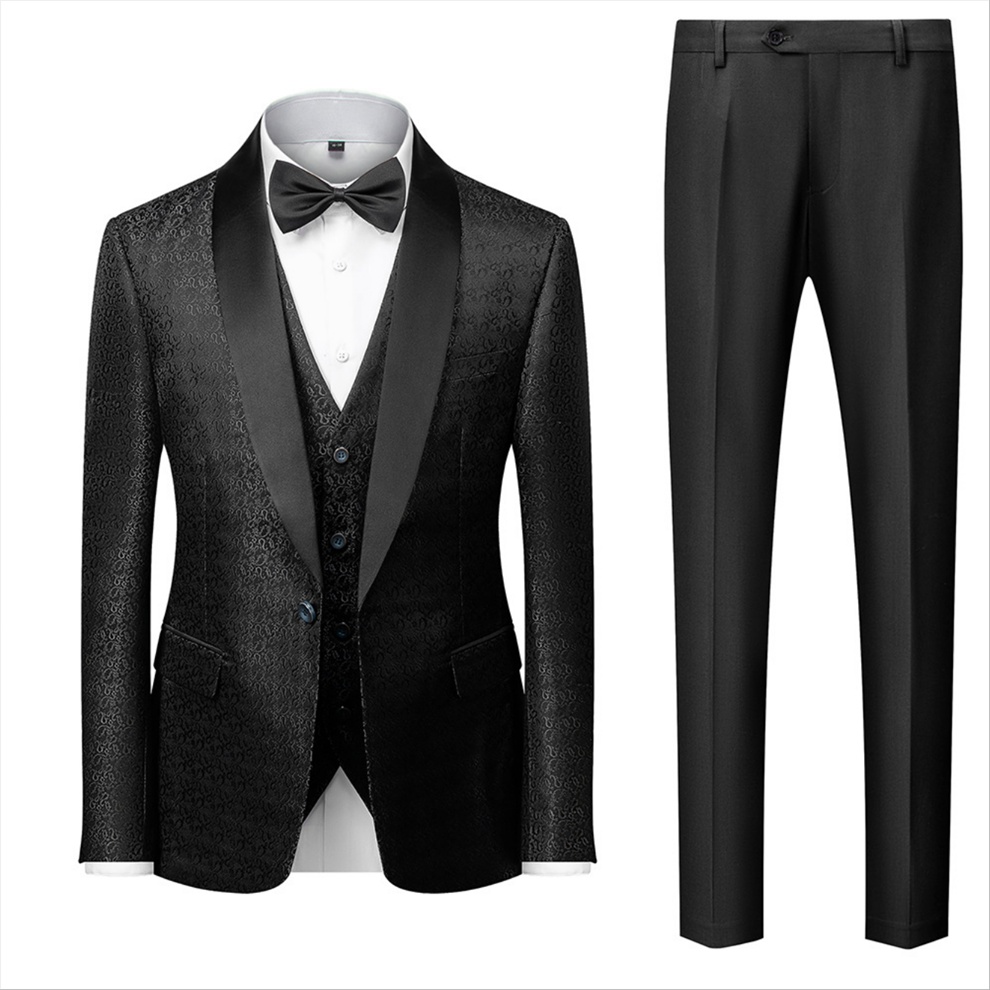 Modern One-Button Black Tuxedo Wedding Suit with Floral Jacquard