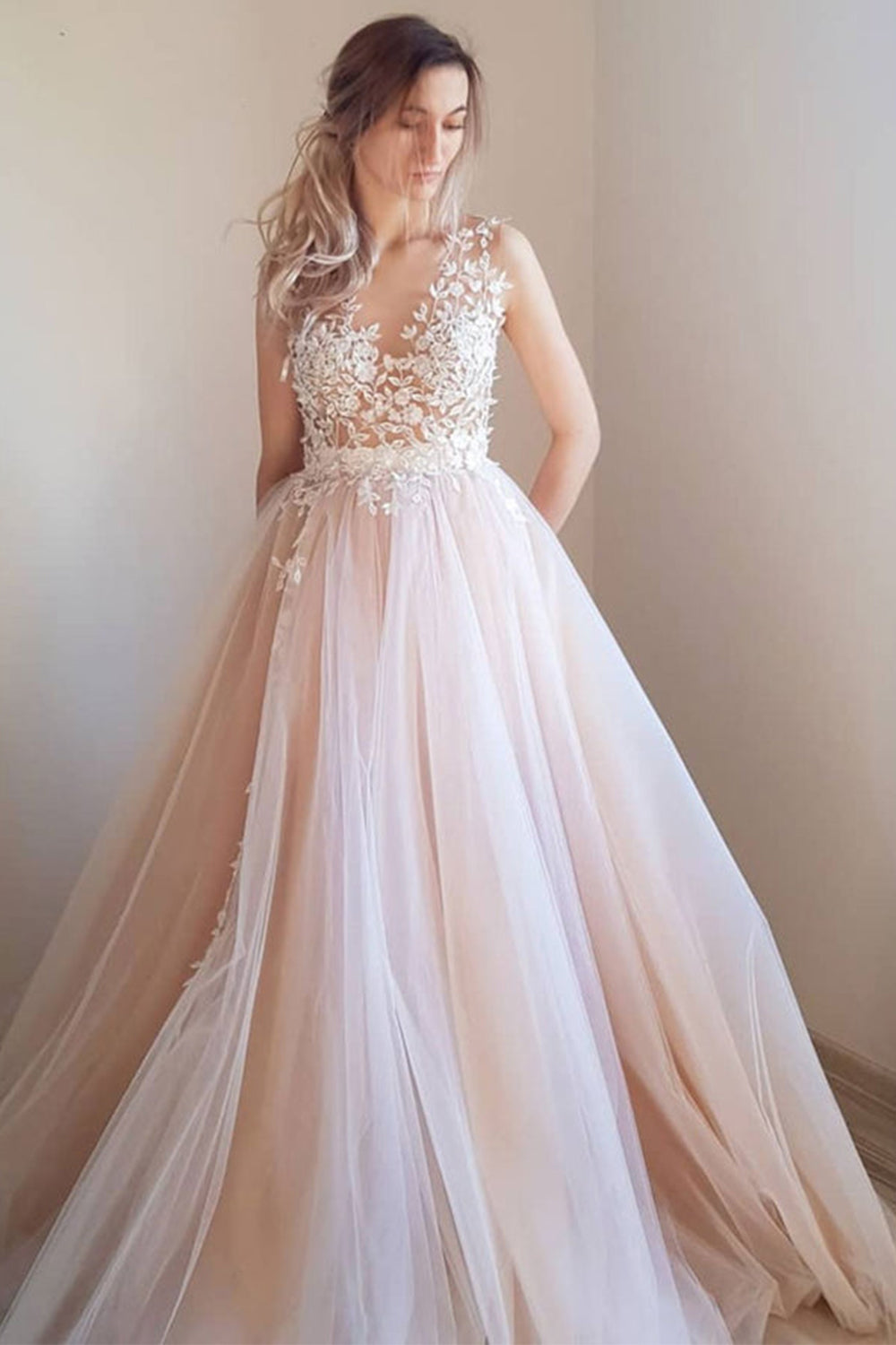 Long Prom Dress with Pearl Pink Illusion Neckline
