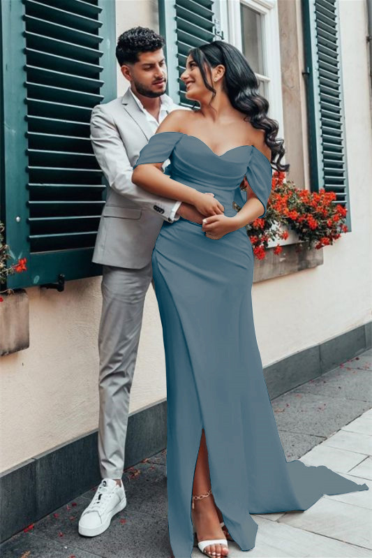 Charmeuse Off-the-Shoulder Wedding Dress with Split