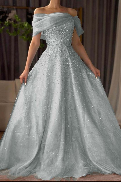 Off the Shoulder Sleeveless Long Formal Dress With Beading Tulle