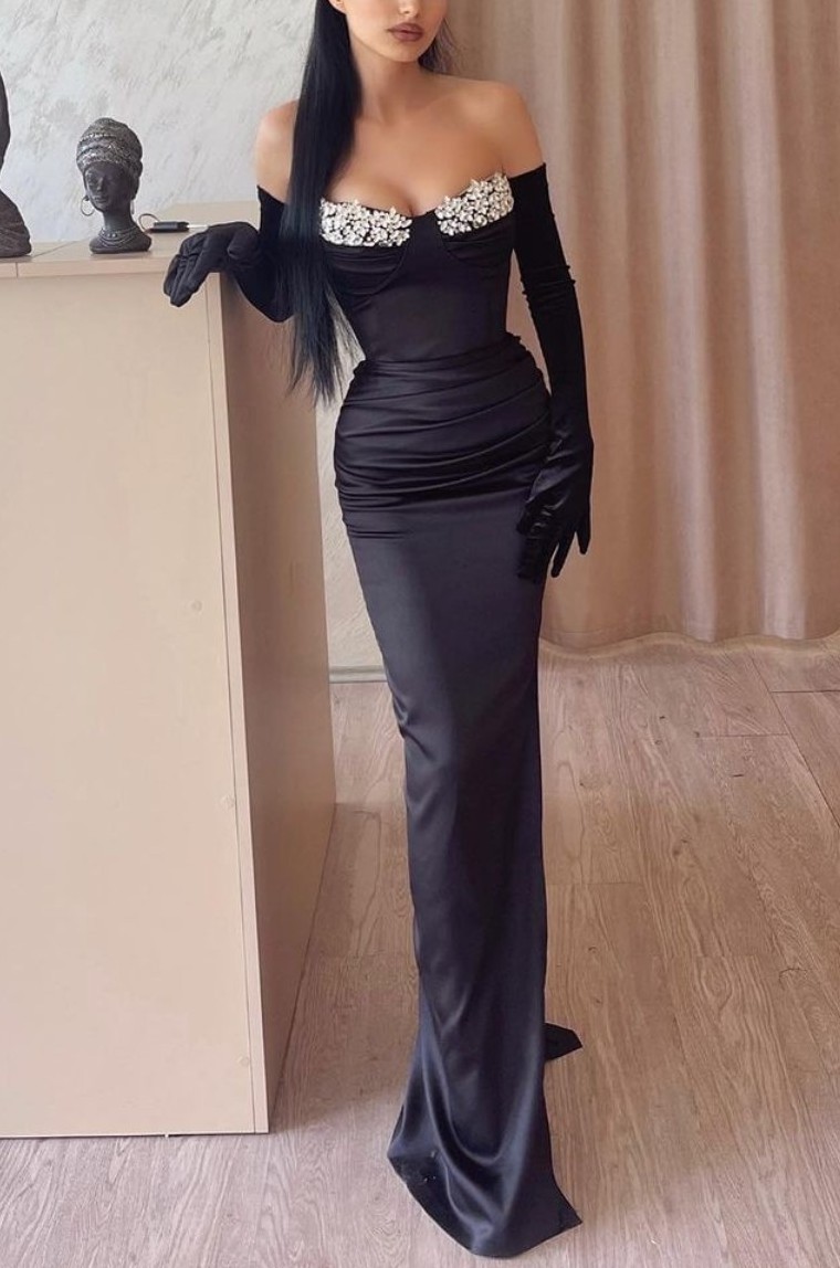 Black Off the Shoulder Formal Dress With Gloves Long Mermaid Appliques