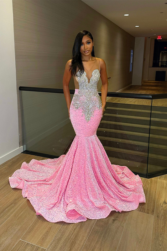 Sexy Transparent Straps Pink Mermaid Sequins Beads Evening Dress With Flared Hemline